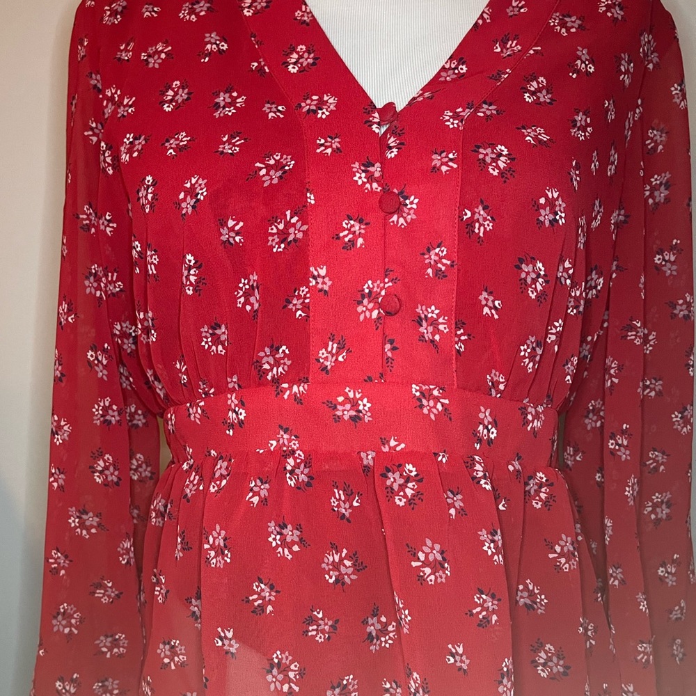 Madewell floral blouse, peplum, gathered waist and 3 buttons down front. Sz SM